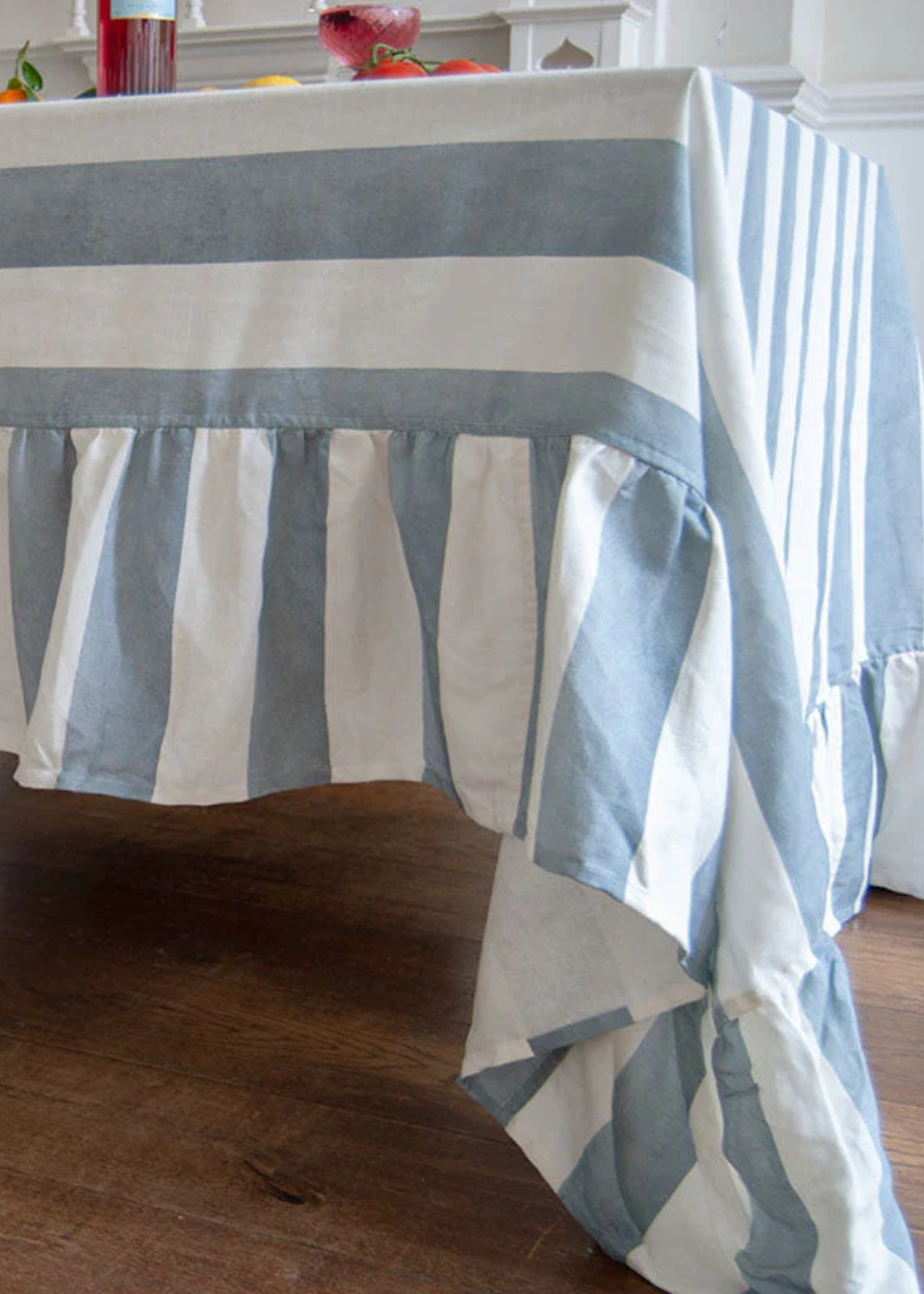 Blue Striped Ruffle Cotton-Linen Tablecloth