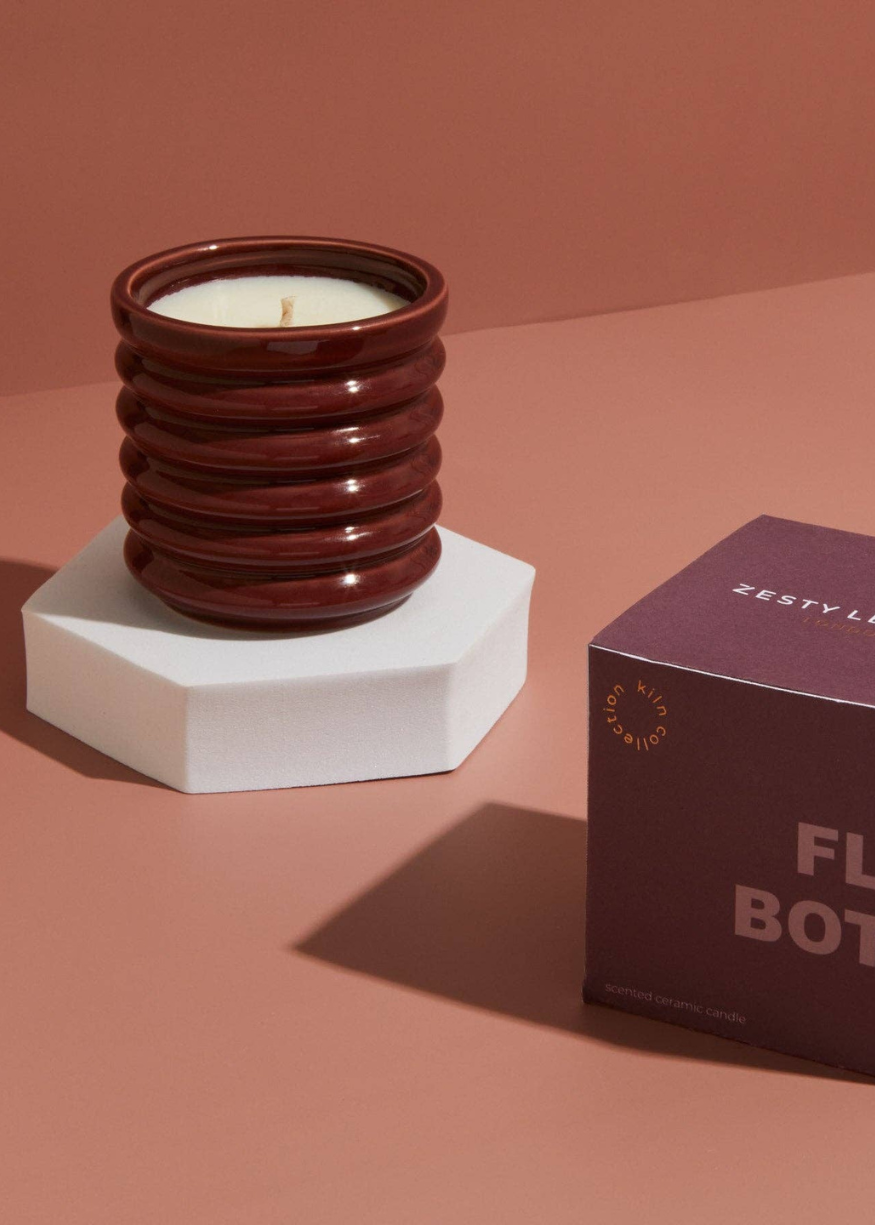 Ceramic Ribbed Burgundy Candle - Floral Botanics
