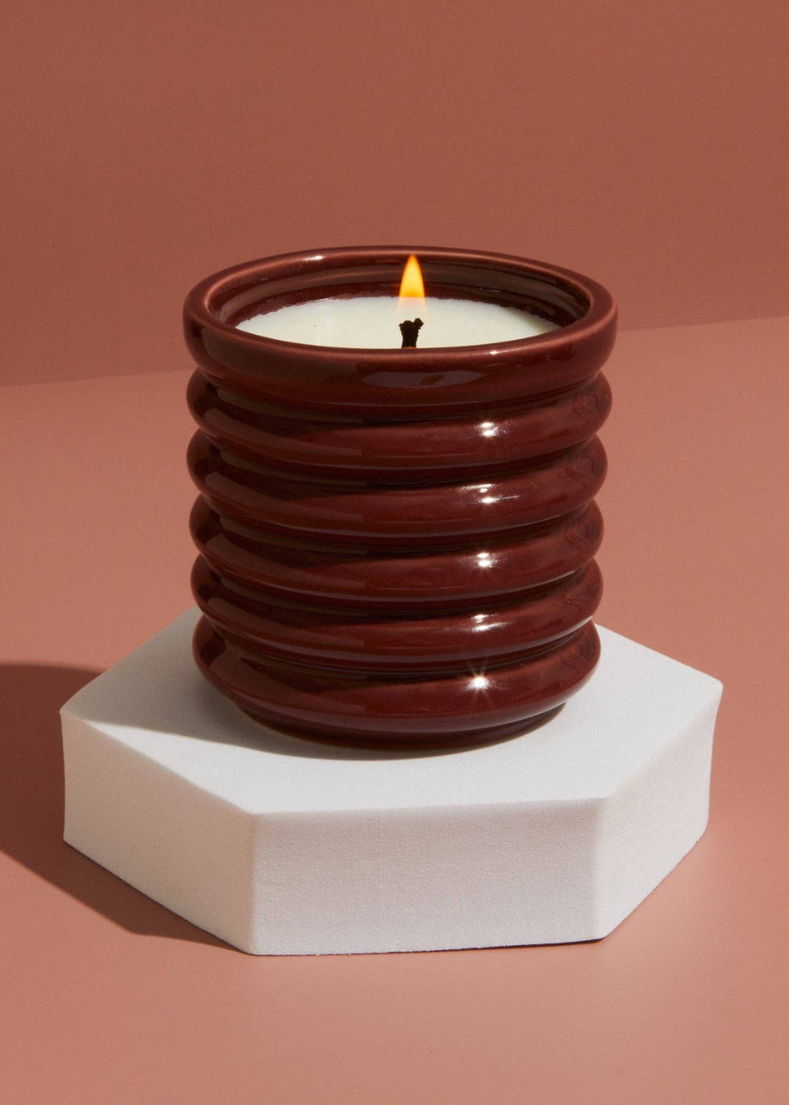 Ceramic Ribbed Burgundy Candle - Floral Botanics