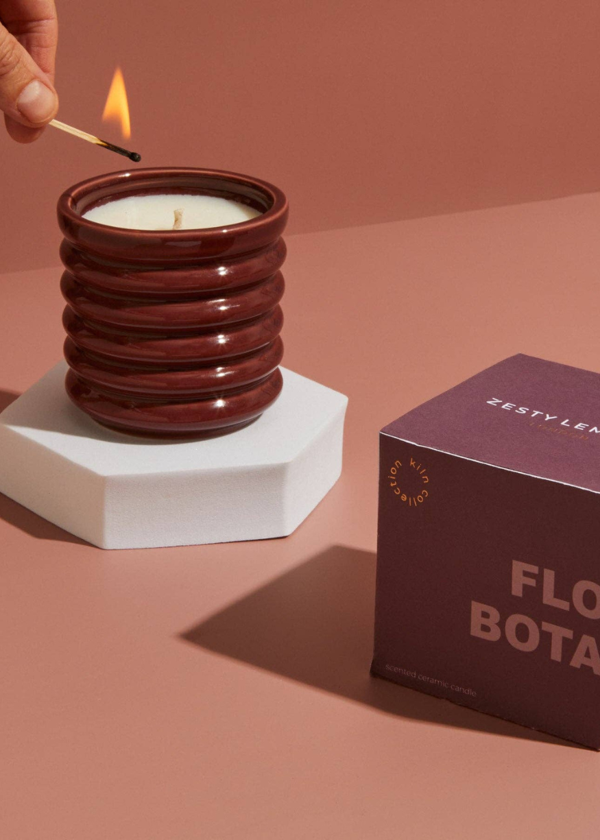 Ceramic Ribbed Burgundy Candle - Floral Botanics