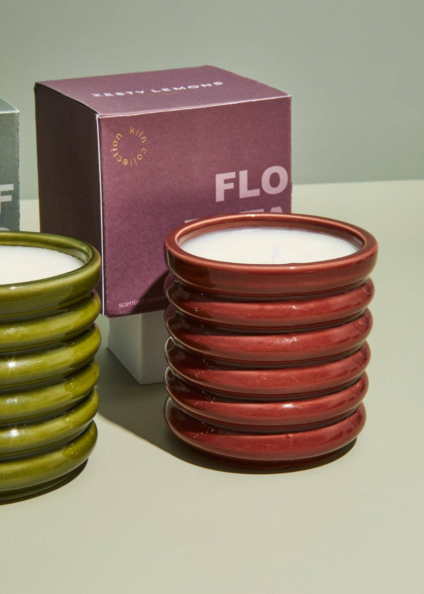 Ceramic Ribbed Burgundy Candle - Floral Botanics
