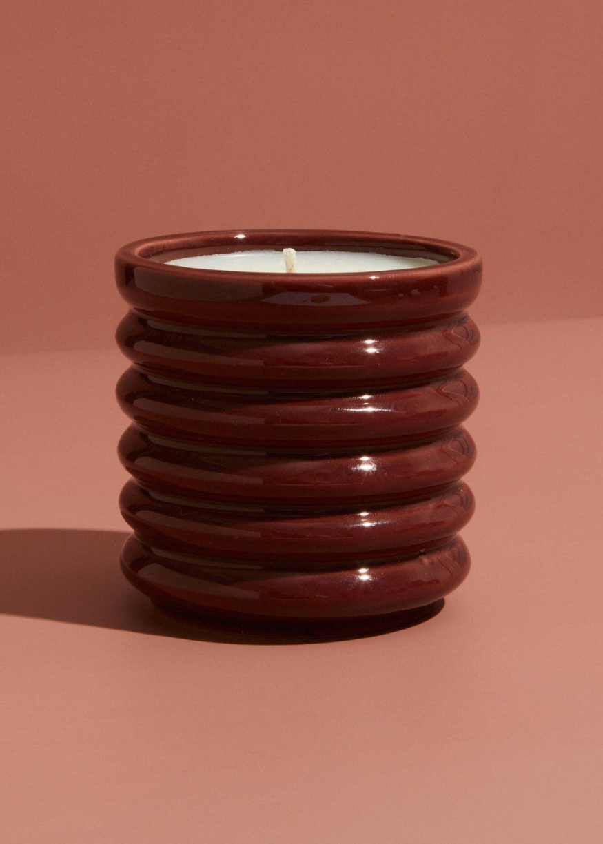 Ceramic Ribbed Burgundy Candle - Floral Botanics