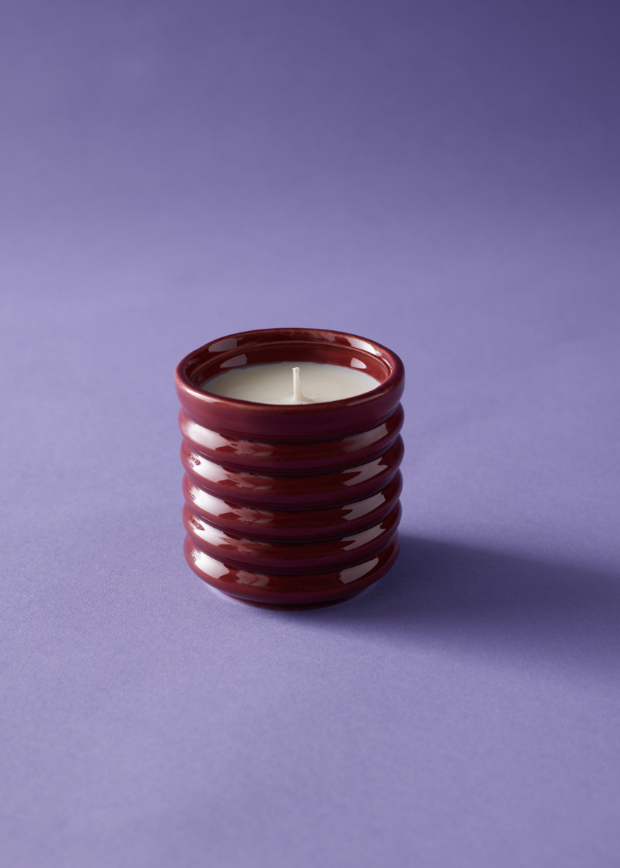 Ceramic Ribbed Burgundy Candle - Floral Botanics
