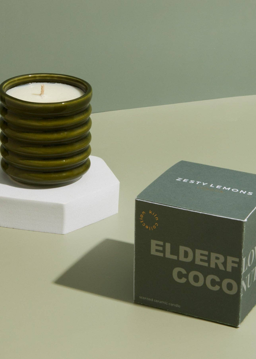 Ceramic Ribbed Olive-Green Candle - Elderflower & Coconut