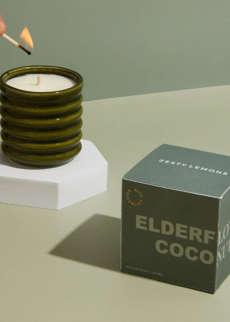 Ceramic Ribbed Olive-Green Candle - Elderflower & Coconut