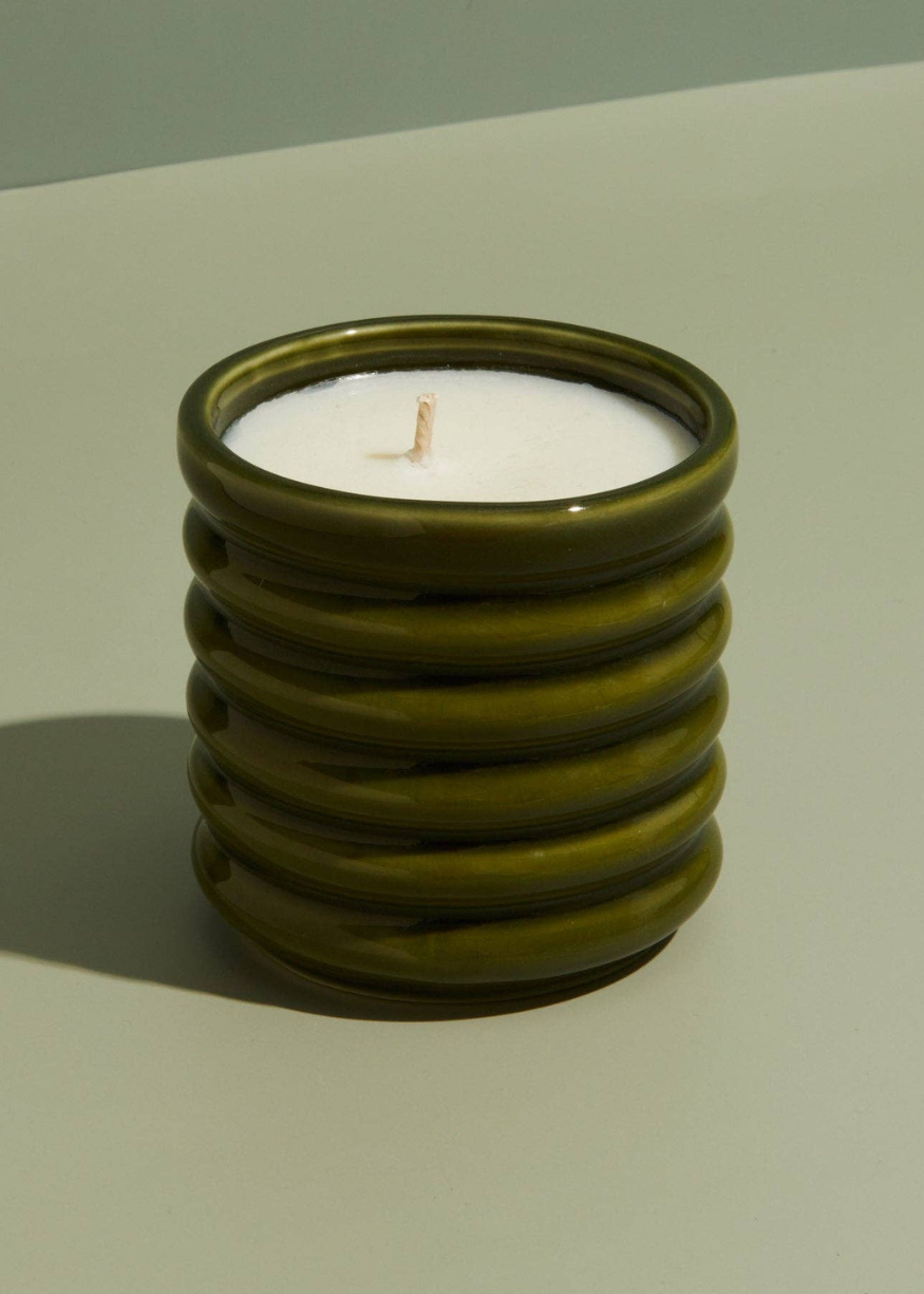 Ceramic Ribbed Olive-Green Candle - Elderflower & Coconut