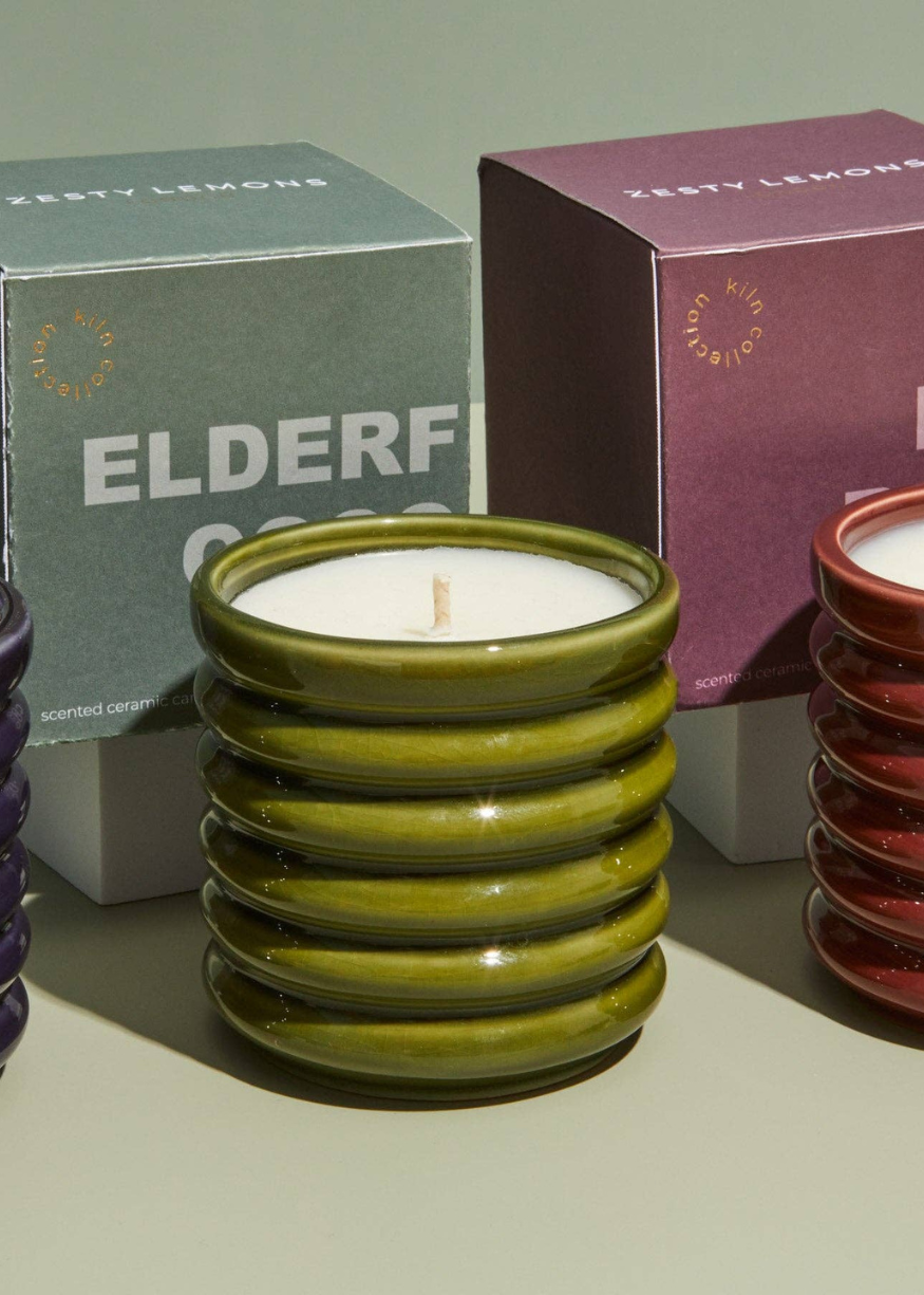 Ceramic Ribbed Olive-Green Candle - Elderflower & Coconut