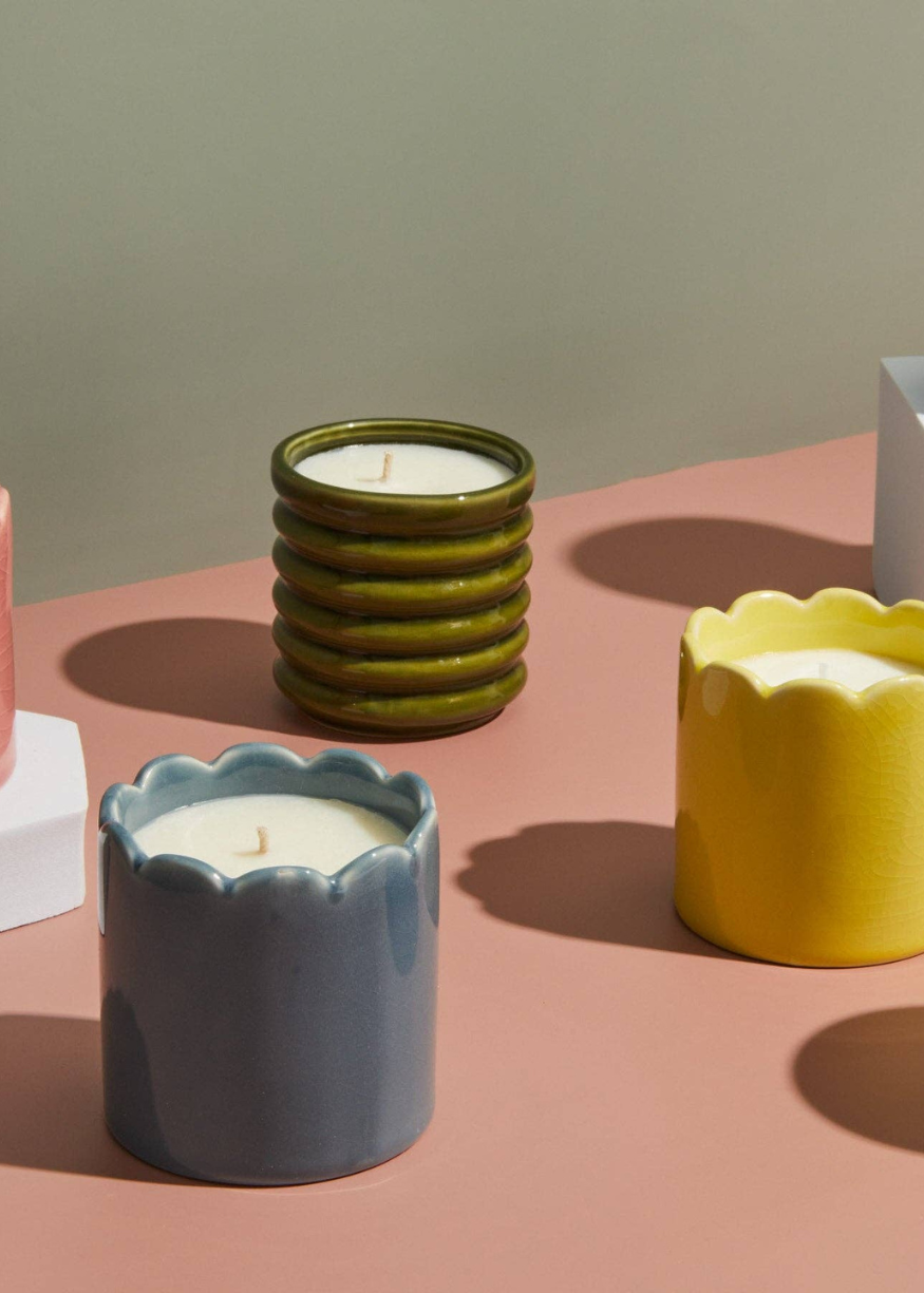 Ceramic Ribbed Olive-Green Candle - Elderflower & Coconut