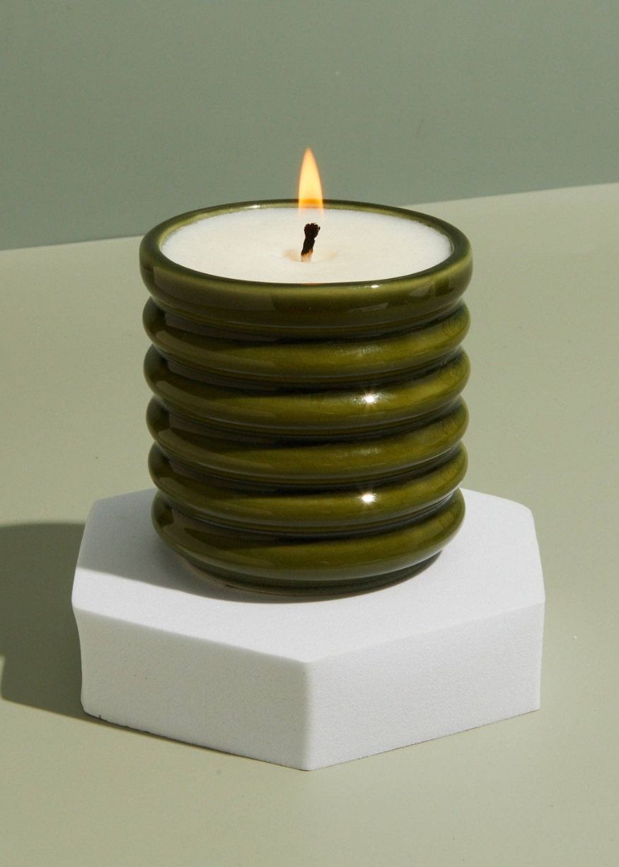 Ceramic Ribbed Olive-Green Candle - Elderflower & Coconut