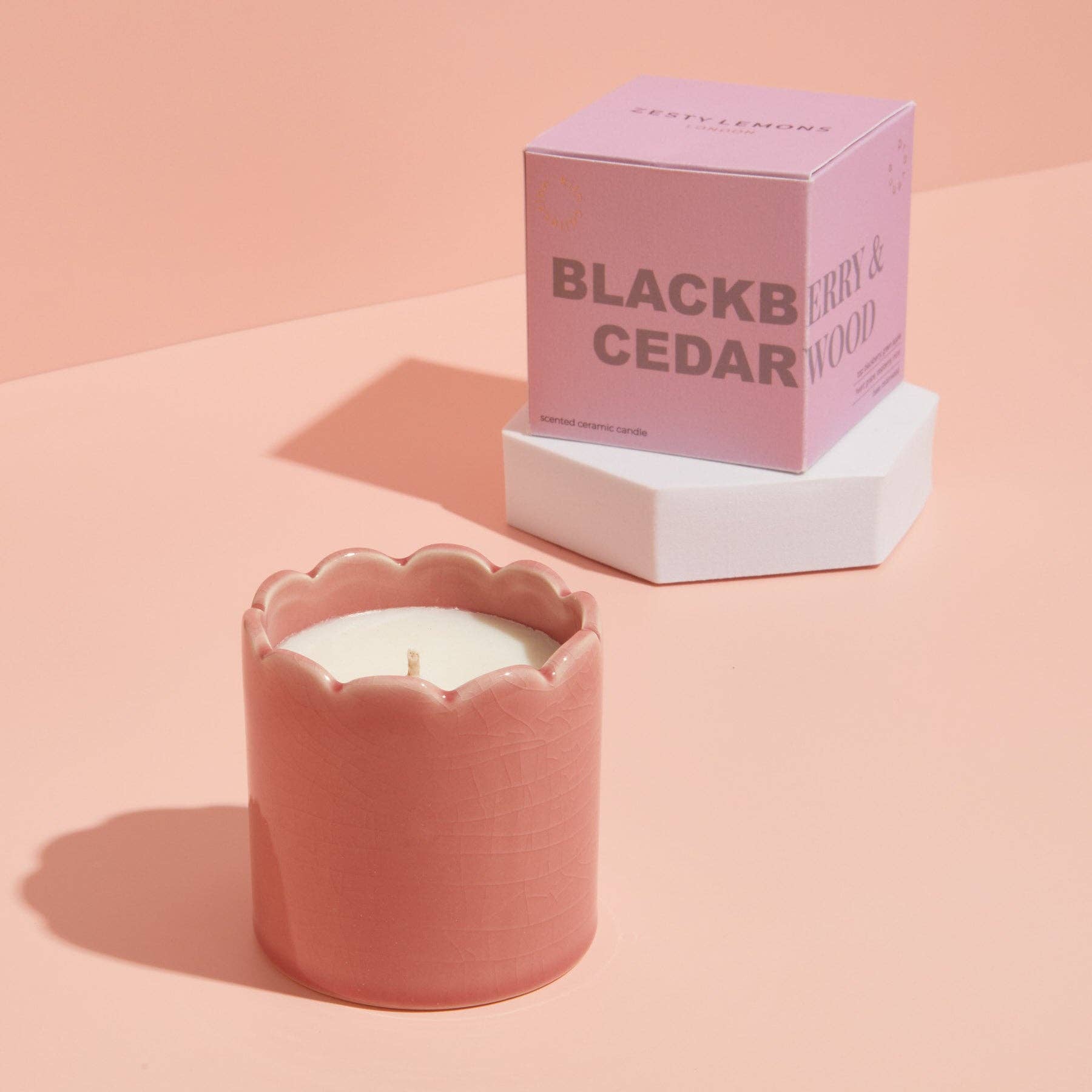 Ceramic Scalloped Pink Candle - Blackberry & Cedarwood