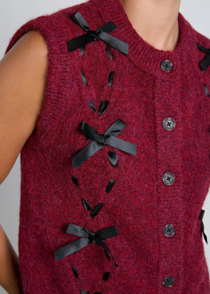 Damson Madder Aggie Knit Vest with Bows- Burgundy Cable