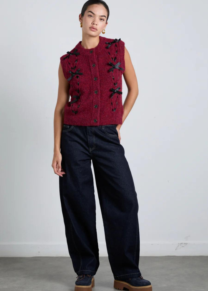 Damson Madder Aggie Knit Vest with Bows- Burgundy Cable