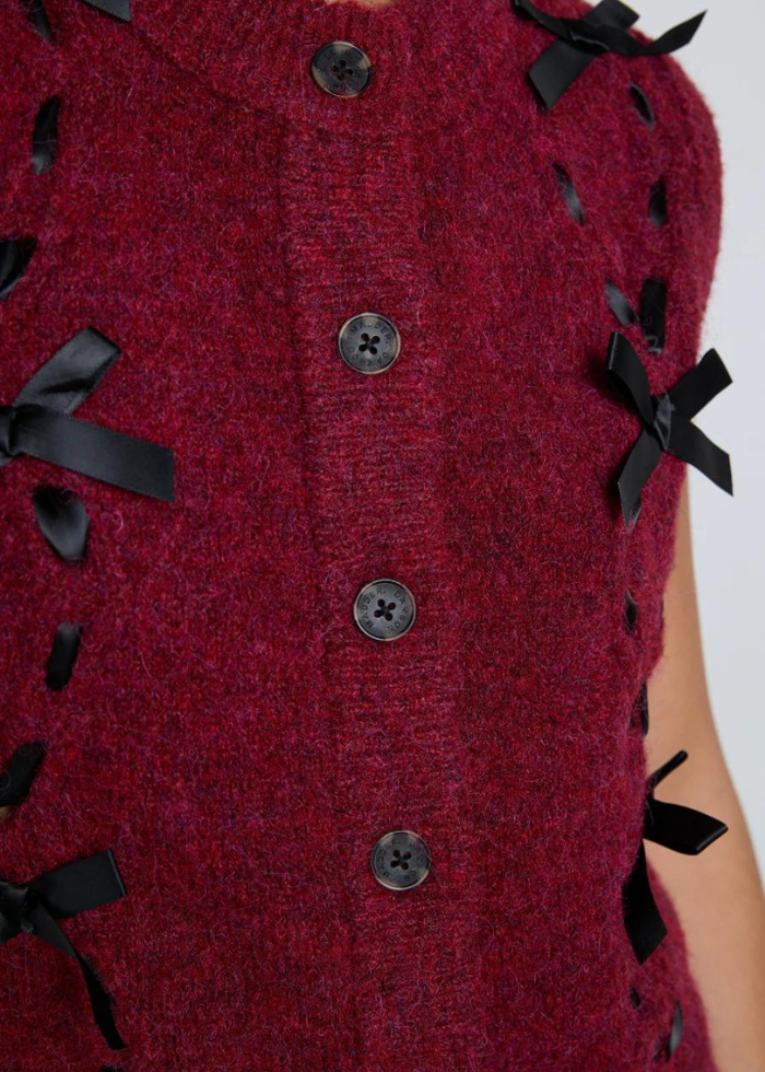 Damson Madder Aggie Knit Vest with Bows- Burgundy Cable