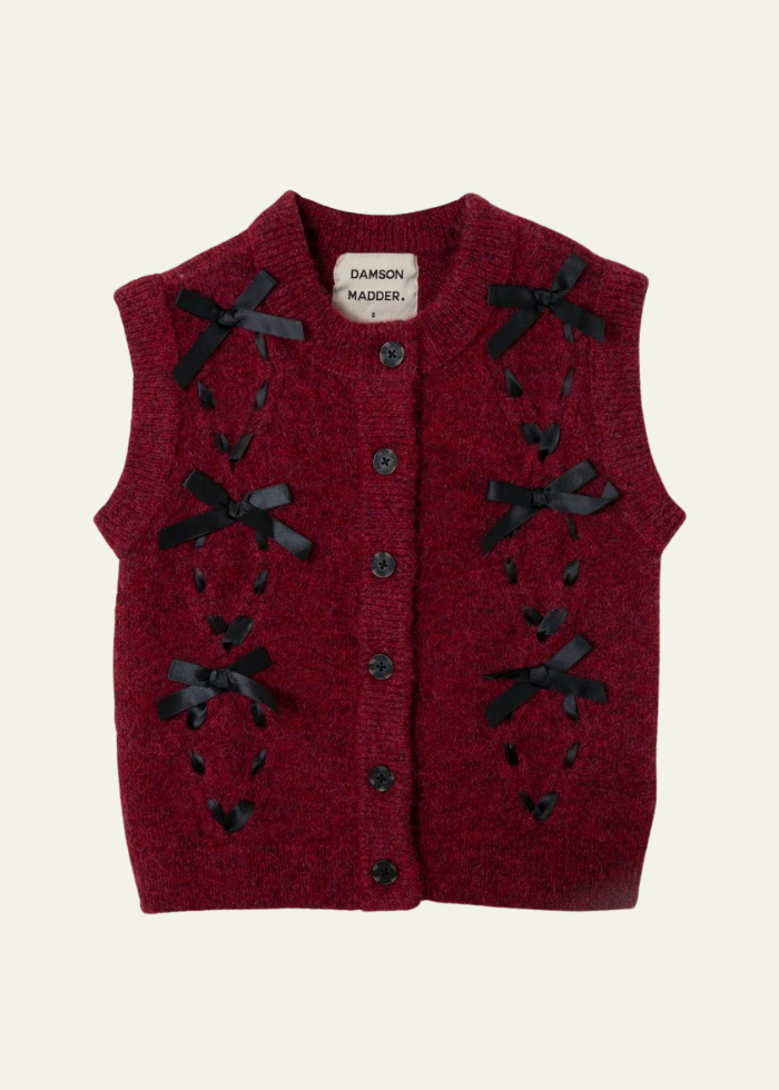 Damson Madder Aggie Knit Vest with Bows- Burgundy Cable