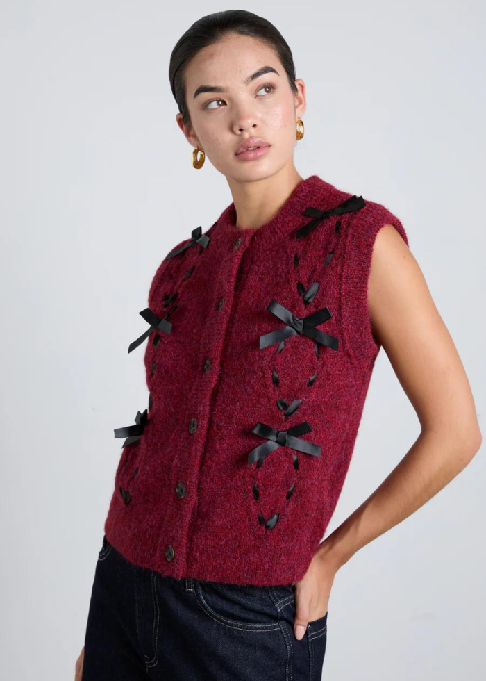 Damson Madder Aggie Knit Vest with Bows- Burgundy Cable