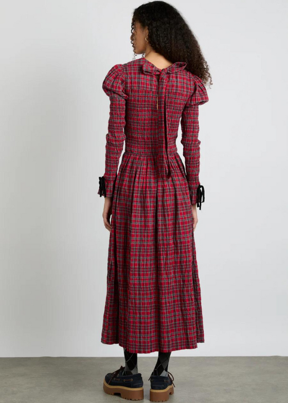 Damson Madder Alice Shirred Midi Dress- Red Check