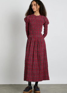  Damson Madder Alice Shirred Midi Dress- Red Check