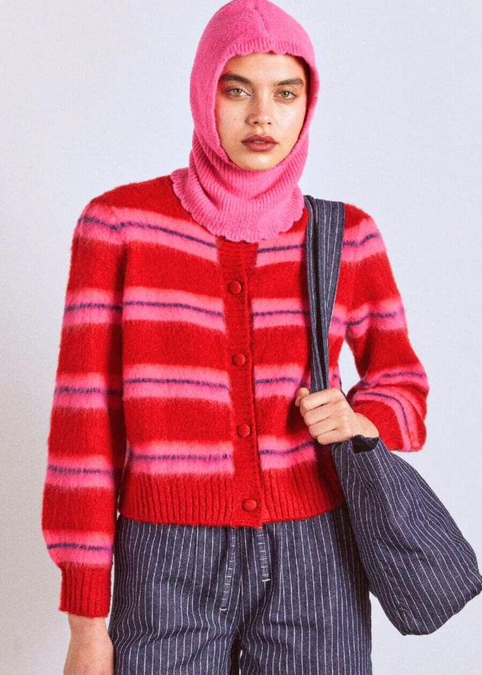 Damson Madder Cece Stripe Cardigan - Red & Pink Stripe