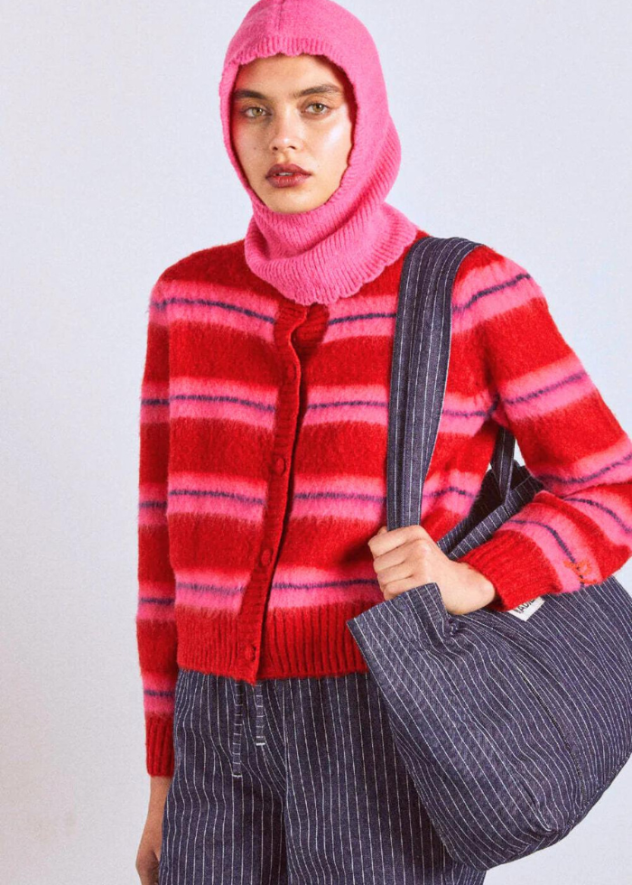 Damson Madder Cece Stripe Cardigan - Red & Pink Stripe
