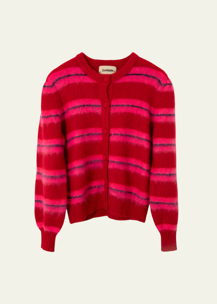 Damson Madder Cece Stripe Cardigan - Red & Pink Stripe