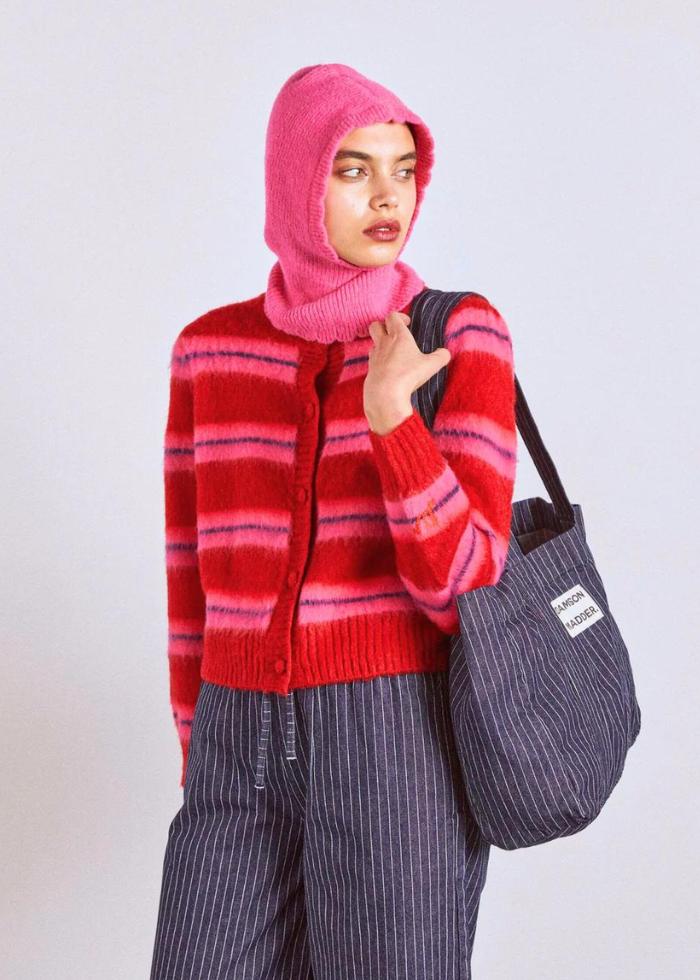 Damson Madder Cece Stripe Cardigan - Red & Pink Stripe