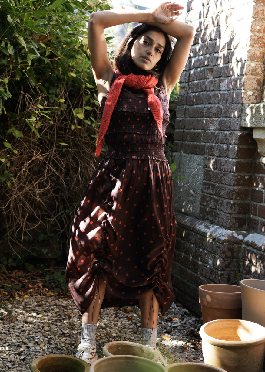 Damson Madder Cynthia Sheer Midi Dress - Burgundy Spot