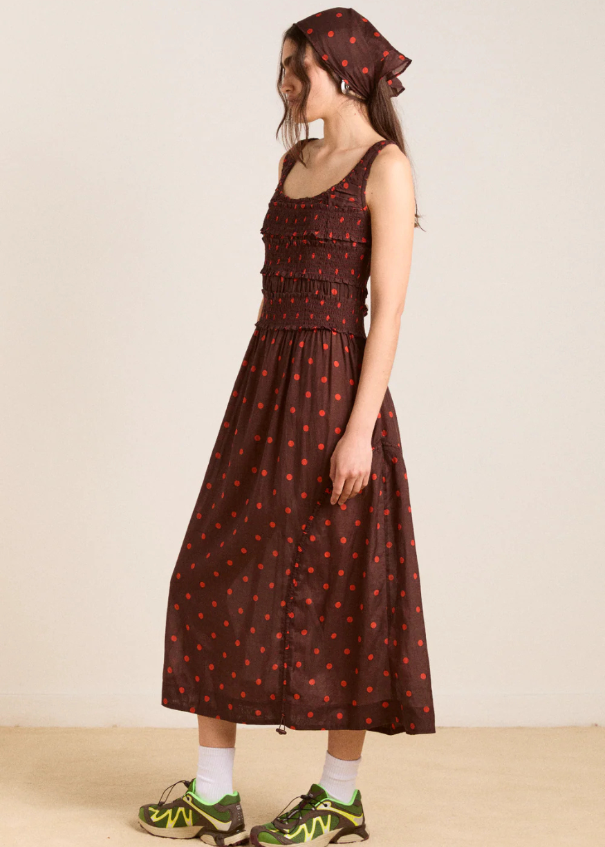 Damson Madder Cynthia Sheer Midi Dress - Burgundy Spot