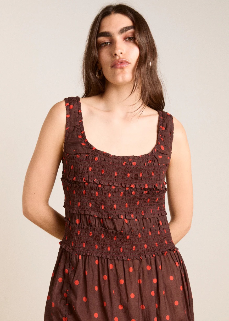 Damson Madder Cynthia Sheer Midi Dress - Burgundy Spot