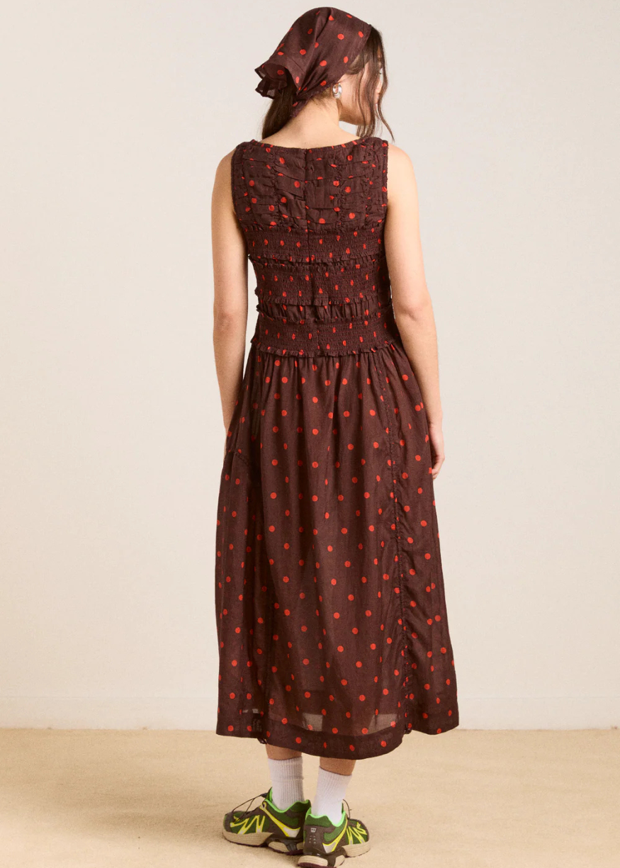 Damson Madder Cynthia Sheer Midi Dress - Burgundy Spot