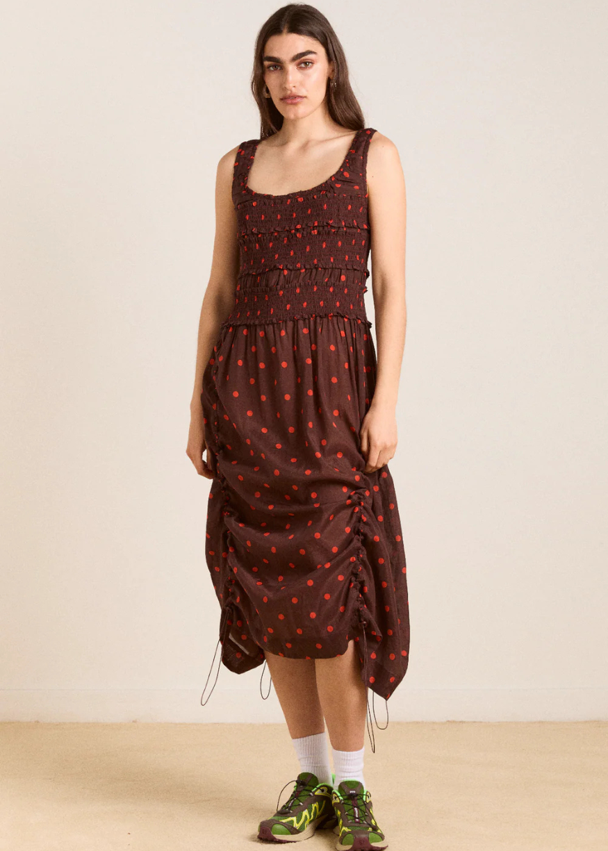 Damson Madder Cynthia Sheer Midi Dress - Burgundy Spot