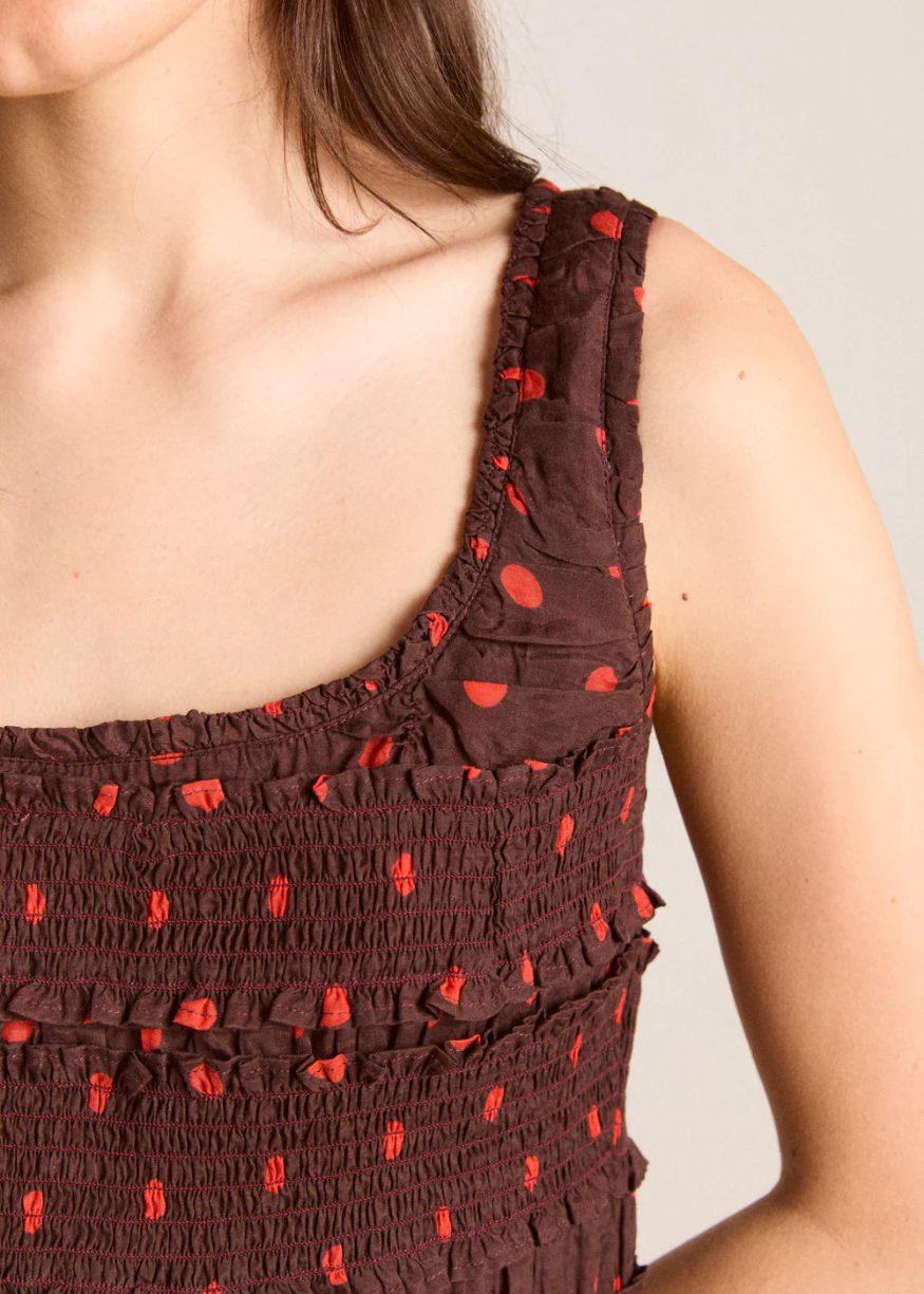 Damson Madder Cynthia Sheer Midi Dress - Burgundy Spot