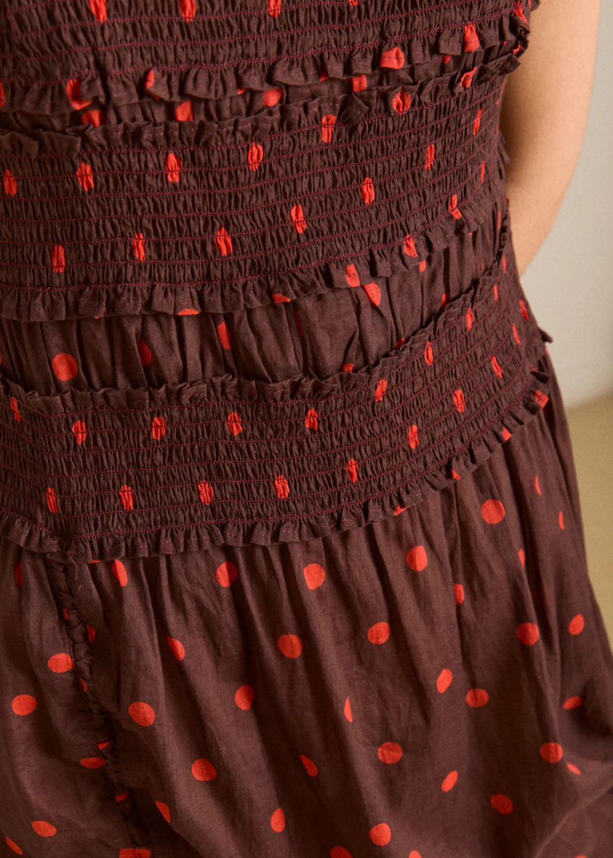 Damson Madder Cynthia Sheer Midi Dress - Burgundy Spot