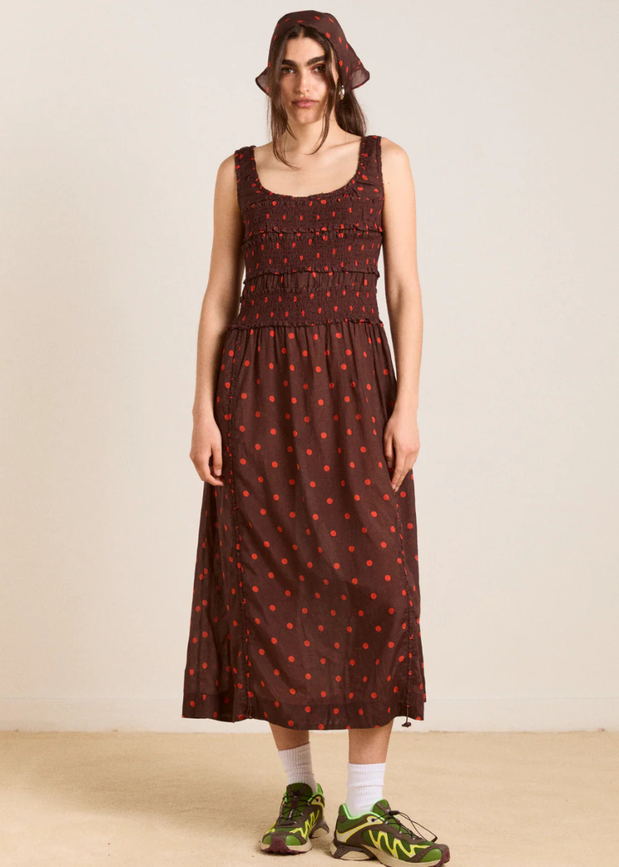 Damson Madder Cynthia Sheer Midi Dress - Burgundy Spot