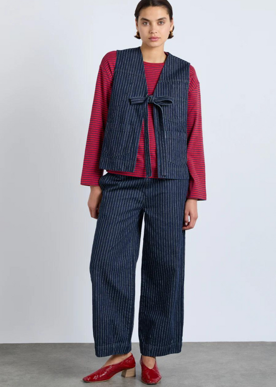 Damson Madder Dilly Denim Gilet - Navy Pinstripe