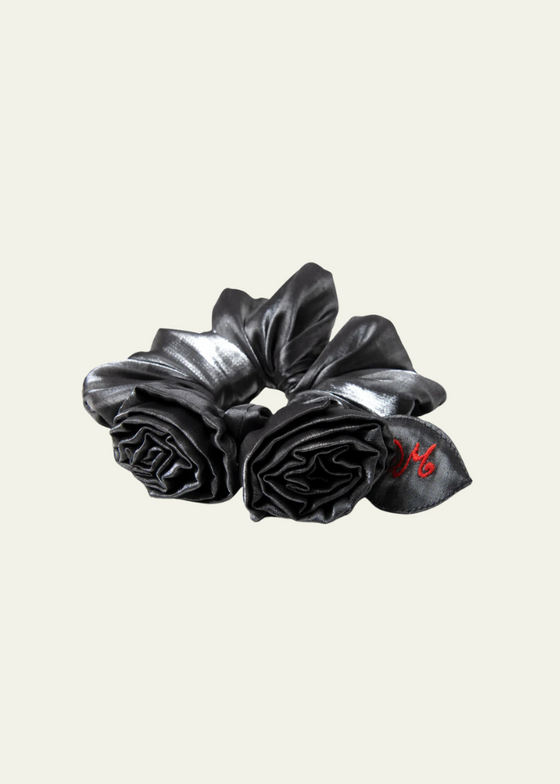 Damson Madder Double Rose Scrunchie in Glass Satin