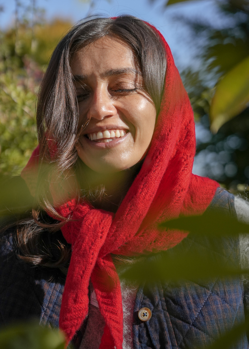 Damson Madder Knitted Pointelle Triangle Scarf - Red
