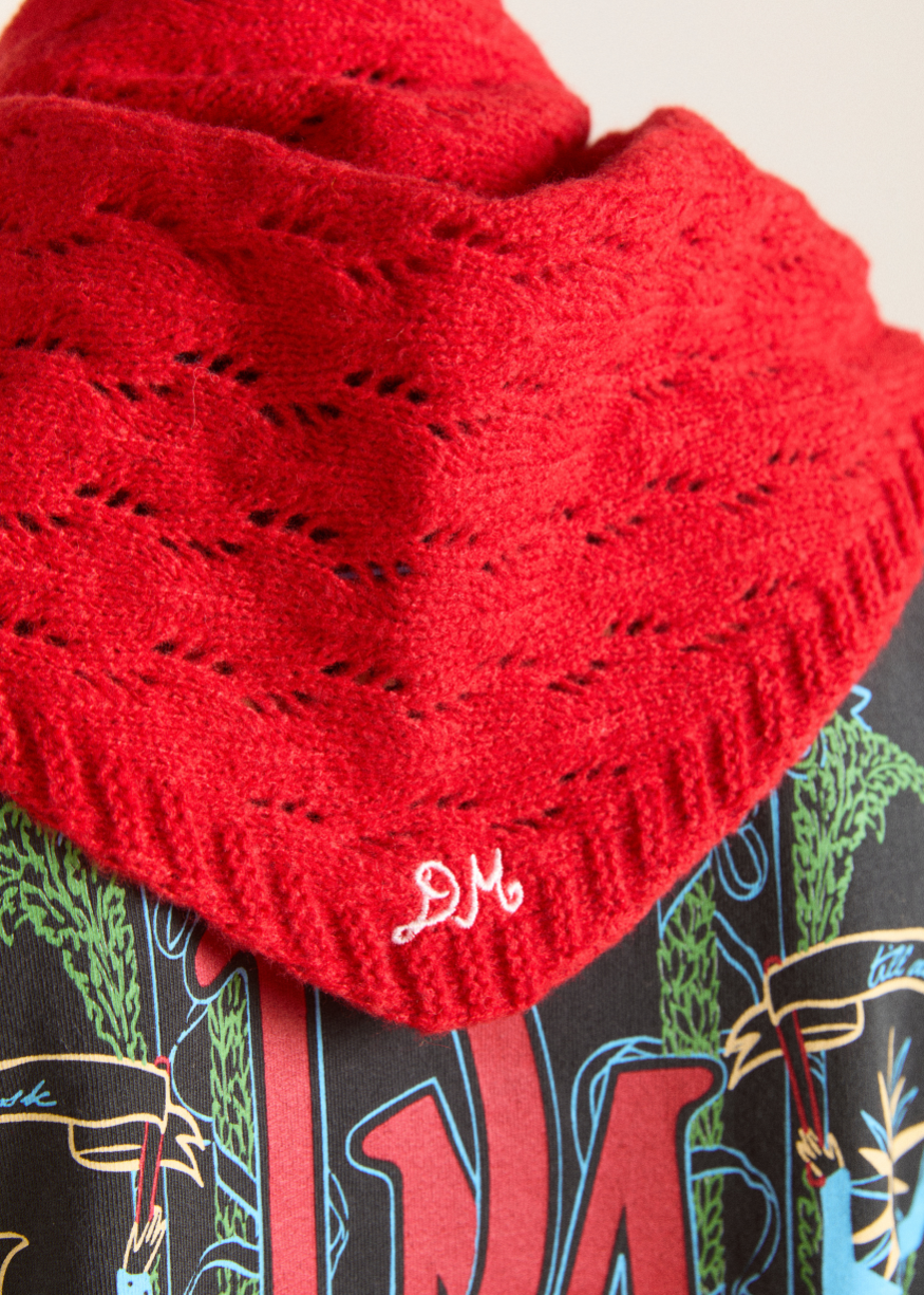 Damson Madder Knitted Pointelle Triangle Scarf - Red