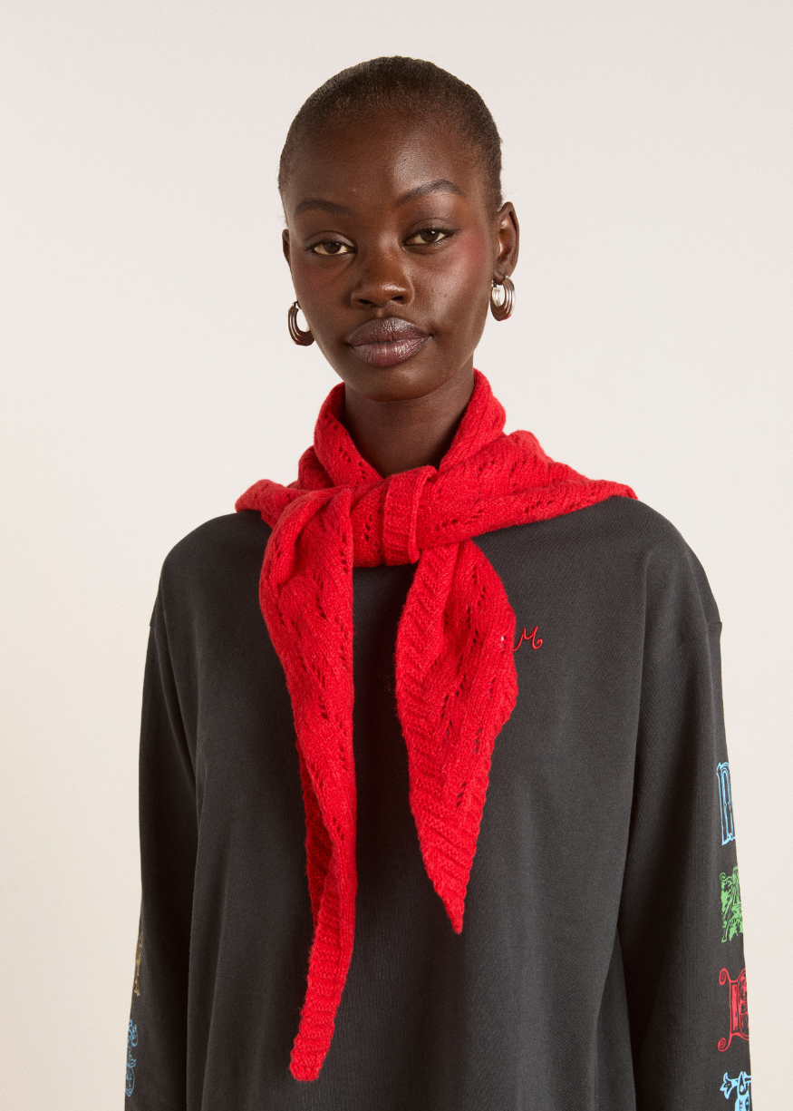 Damson Madder Knitted Pointelle Triangle Scarf - Red