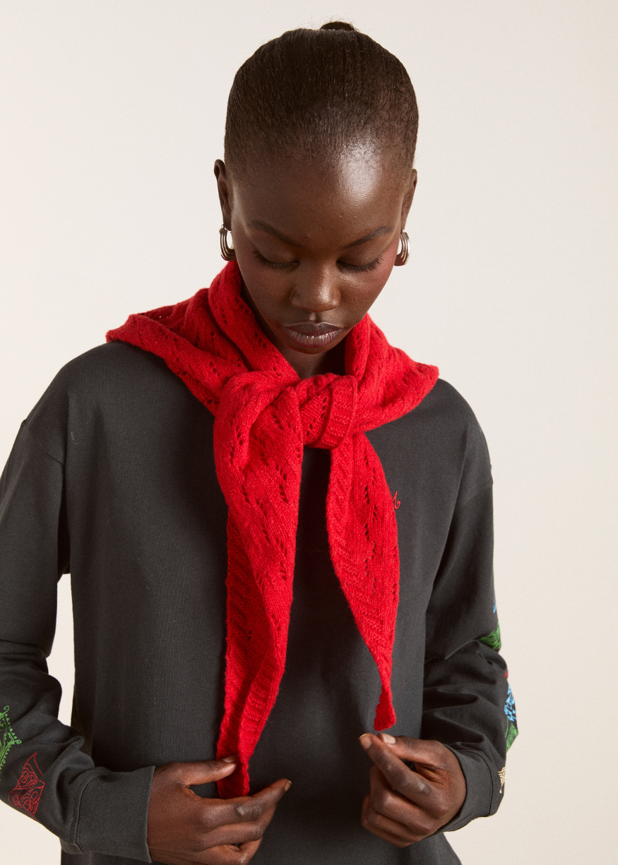 Damson Madder Knitted Pointelle Triangle Scarf - Red
