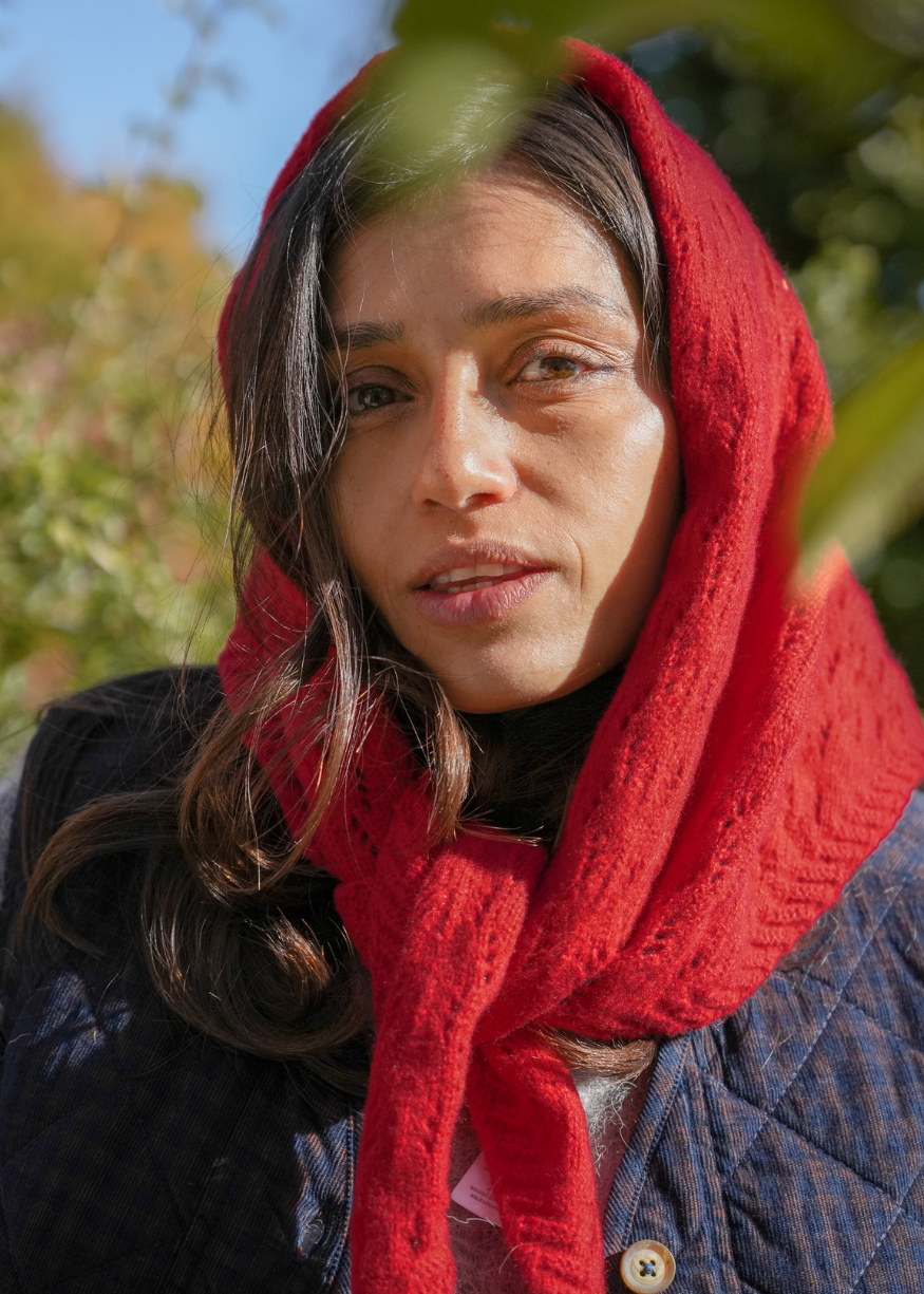 Damson Madder Knitted Pointelle Triangle Scarf - Red