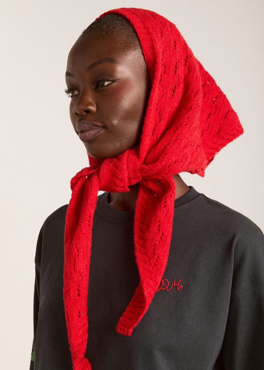 Damson Madder Knitted Pointelle Triangle Scarf - Red