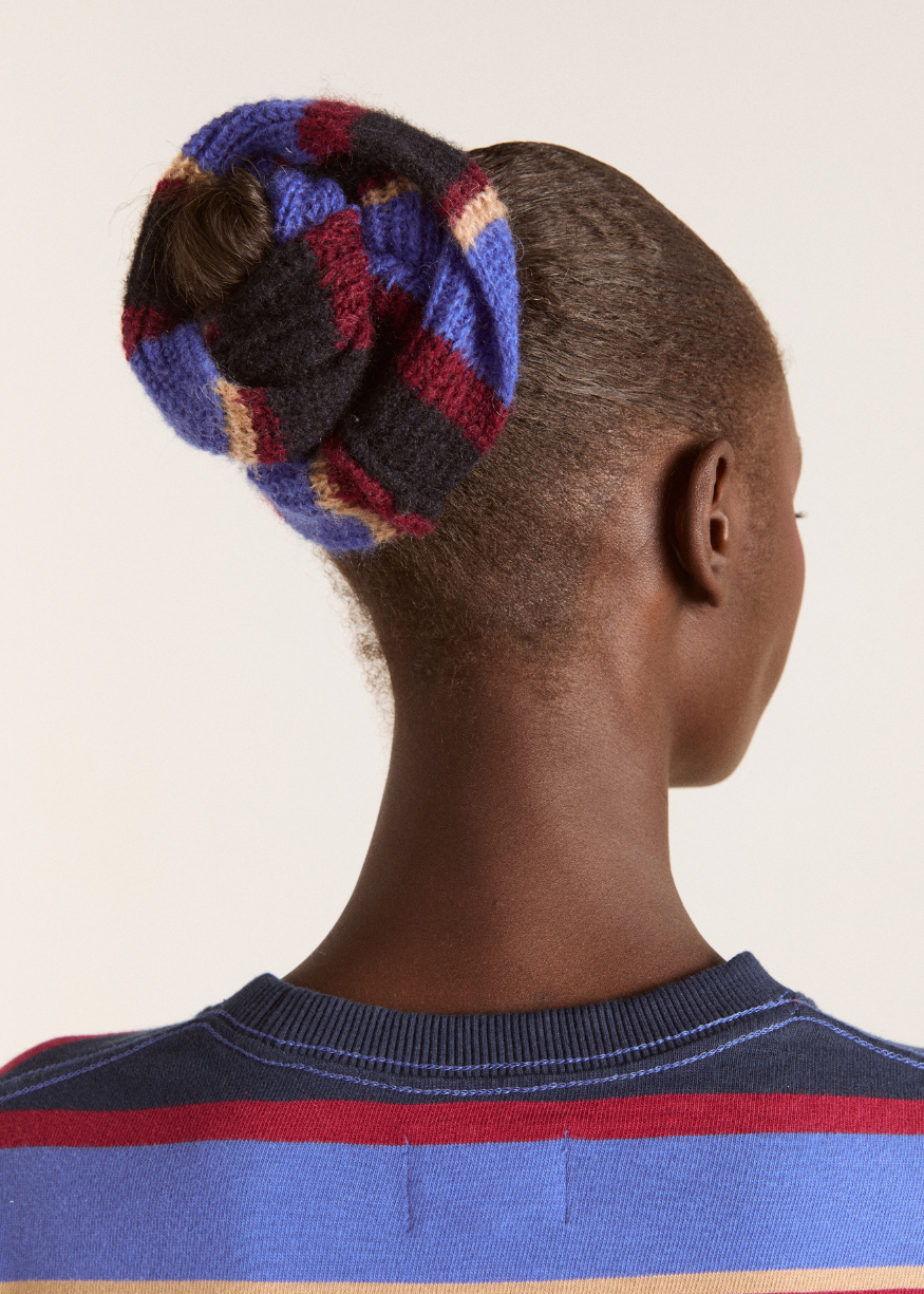 Damson Madder Knitted Scrunchie in Burgundy/Navy Stripe