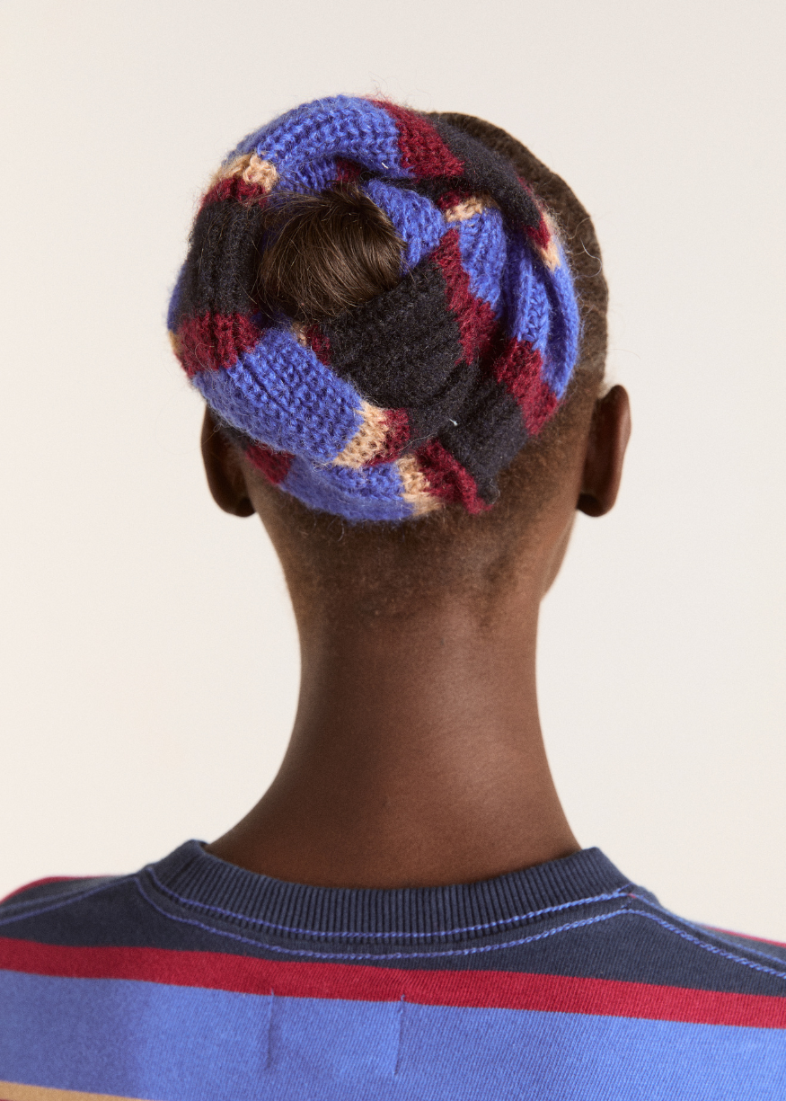 Damson Madder Knitted Scrunchie in Burgundy/Navy Stripe