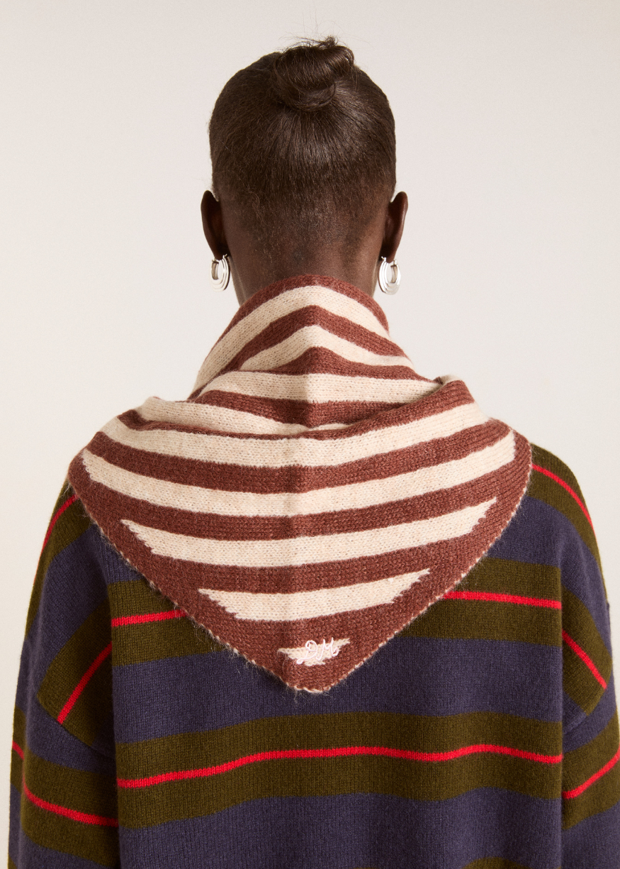 Damson Madder Knitted Stripe Triangle Scarf - Choc & Ecru