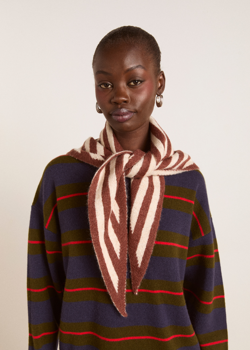 Damson Madder Knitted Stripe Triangle Scarf - Choc & Ecru