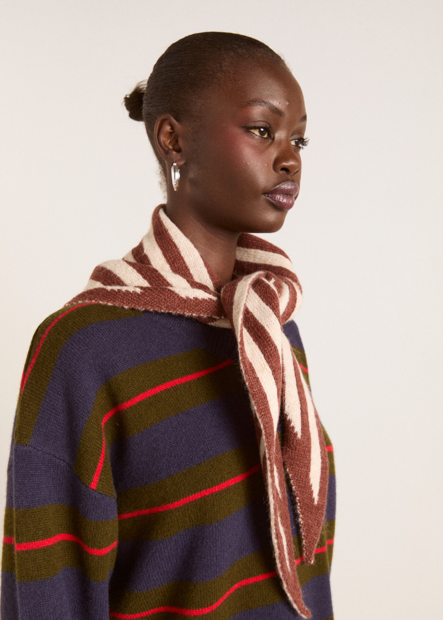 Damson Madder Knitted Stripe Triangle Scarf - Choc & Ecru
