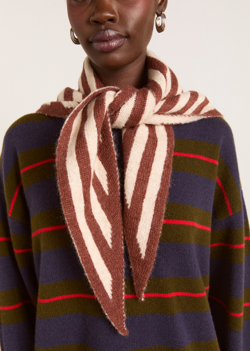 Damson Madder Knitted Stripe Triangle Scarf - Choc & Ecru
