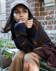 Damson Madder Odette V-neck Merino Wool Jumper - Olive/Navy Stripe