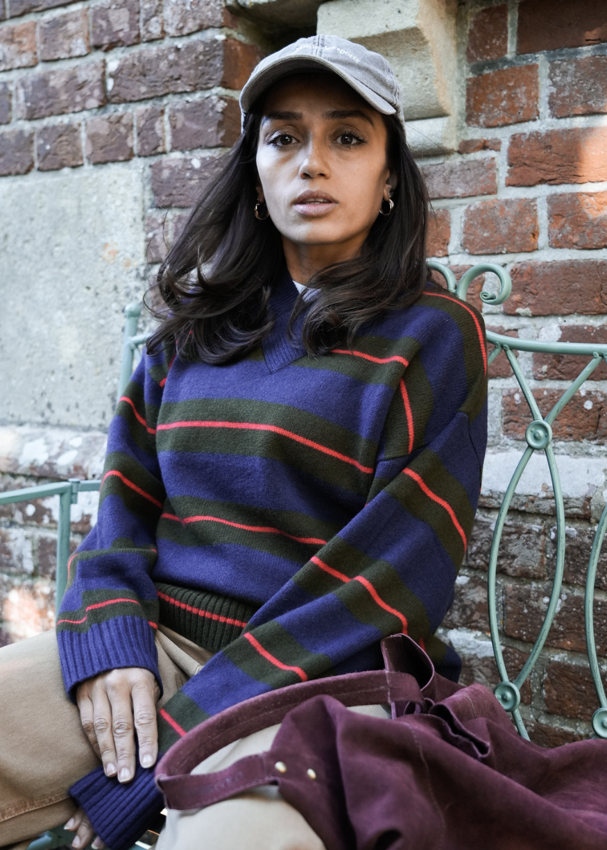 Damson Madder Odette V-neck Merino Wool Jumper - Olive/Navy Stripe