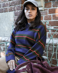 Damson Madder Odette V-neck Merino Wool Jumper - Olive/Navy Stripe